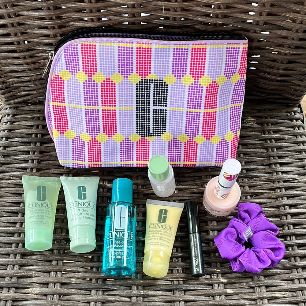 Clinique makeup bag with deluxe Clinique travel samples.